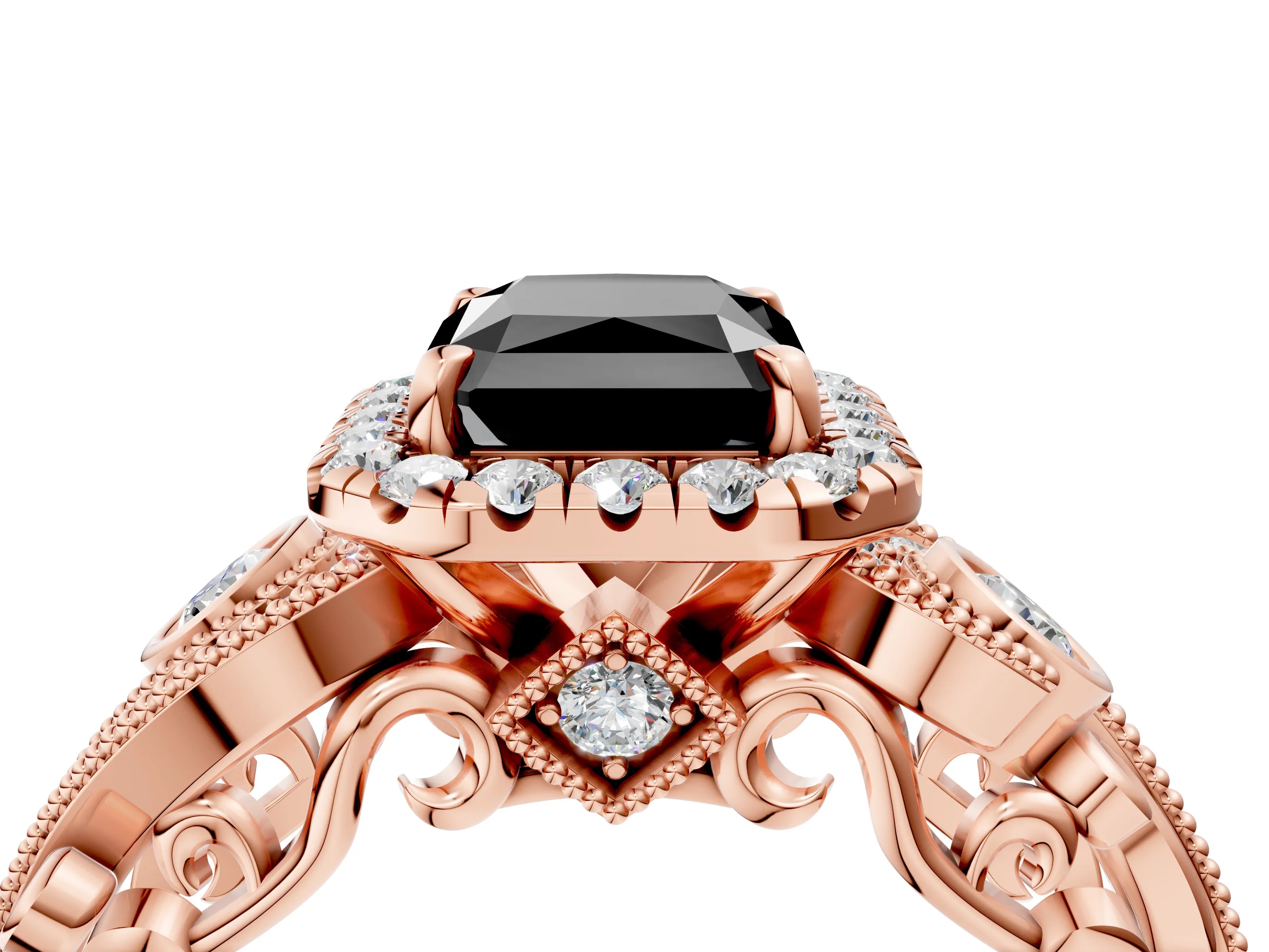 Rose gold Fancy Black Radiant Cut Halo Diamond Ring with Milgrain and Bezel Accents on a Split Shank Band_4