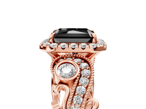 Rose gold Fancy Black Radiant Cut Halo Diamond Ring with Milgrain and Bezel Accents on a Split Shank Band_5