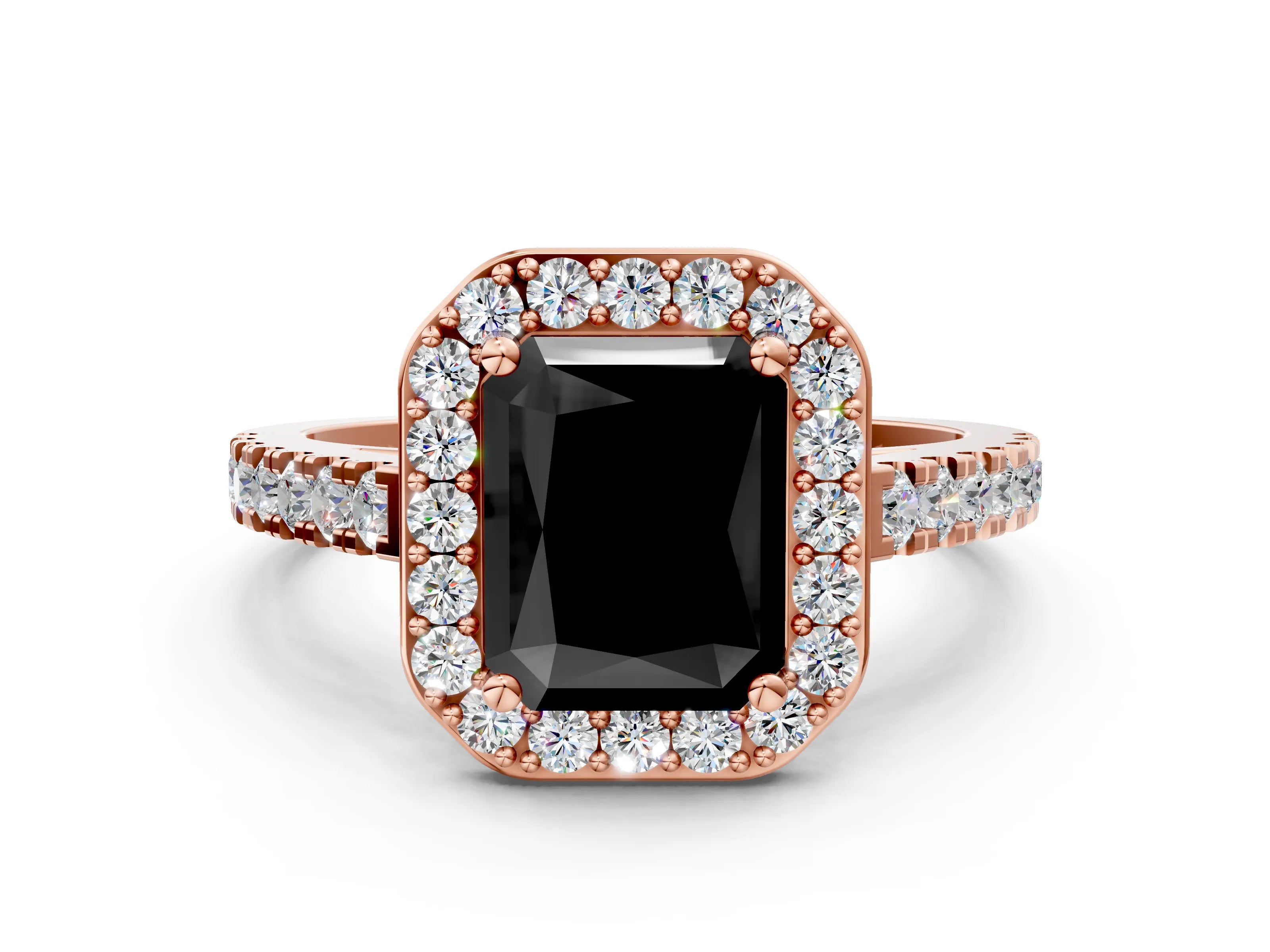 Rose gold Fancy Black Radiant Cut Halo Diamond Ring with Pavé Band and Three-Prong Setting