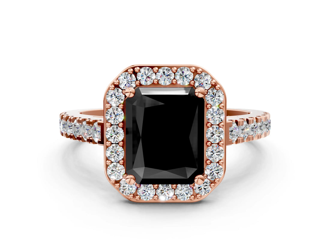 Rose gold Fancy Black Radiant Cut Halo Diamond Ring with Pavé Band and Three-Prong Setting