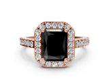 Rose gold Fancy Black Radiant Cut Halo Diamond Ring with Pavé Band and Three-Prong Setting