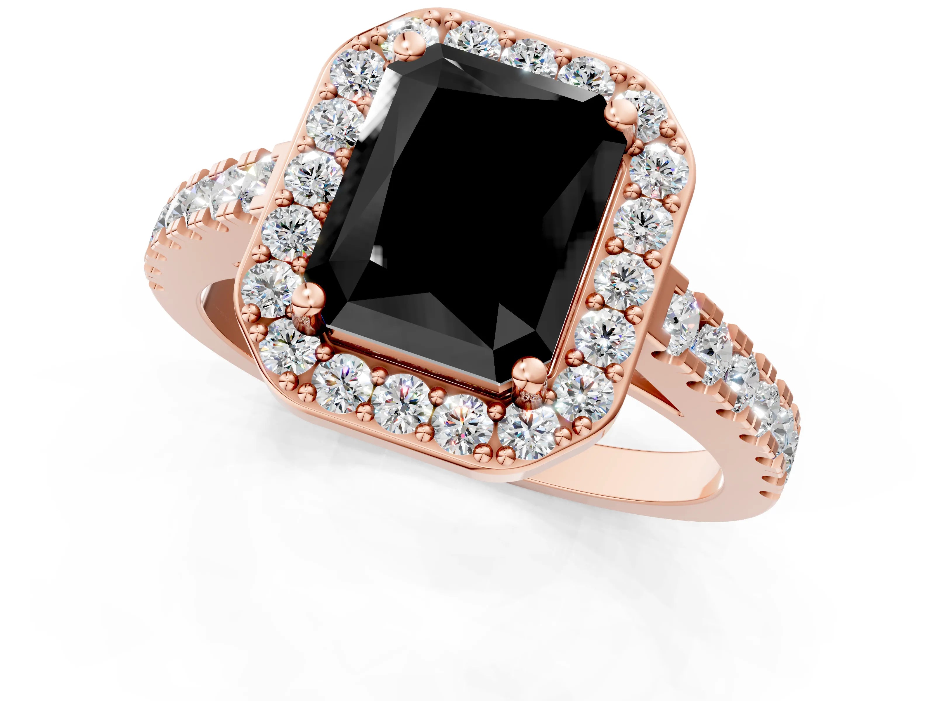 Rose gold Fancy Black Radiant Cut Halo Diamond Ring with Pavé Band and Three-Prong Setting_1