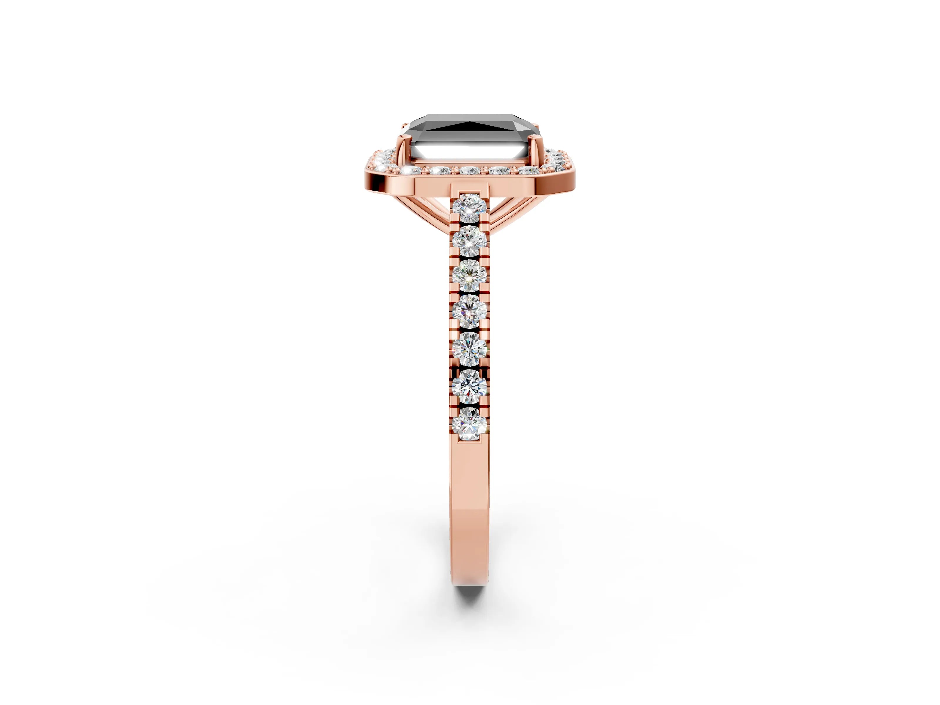 Rose gold Fancy Black Radiant Cut Halo Diamond Ring with Pavé Band and Three-Prong Setting_2