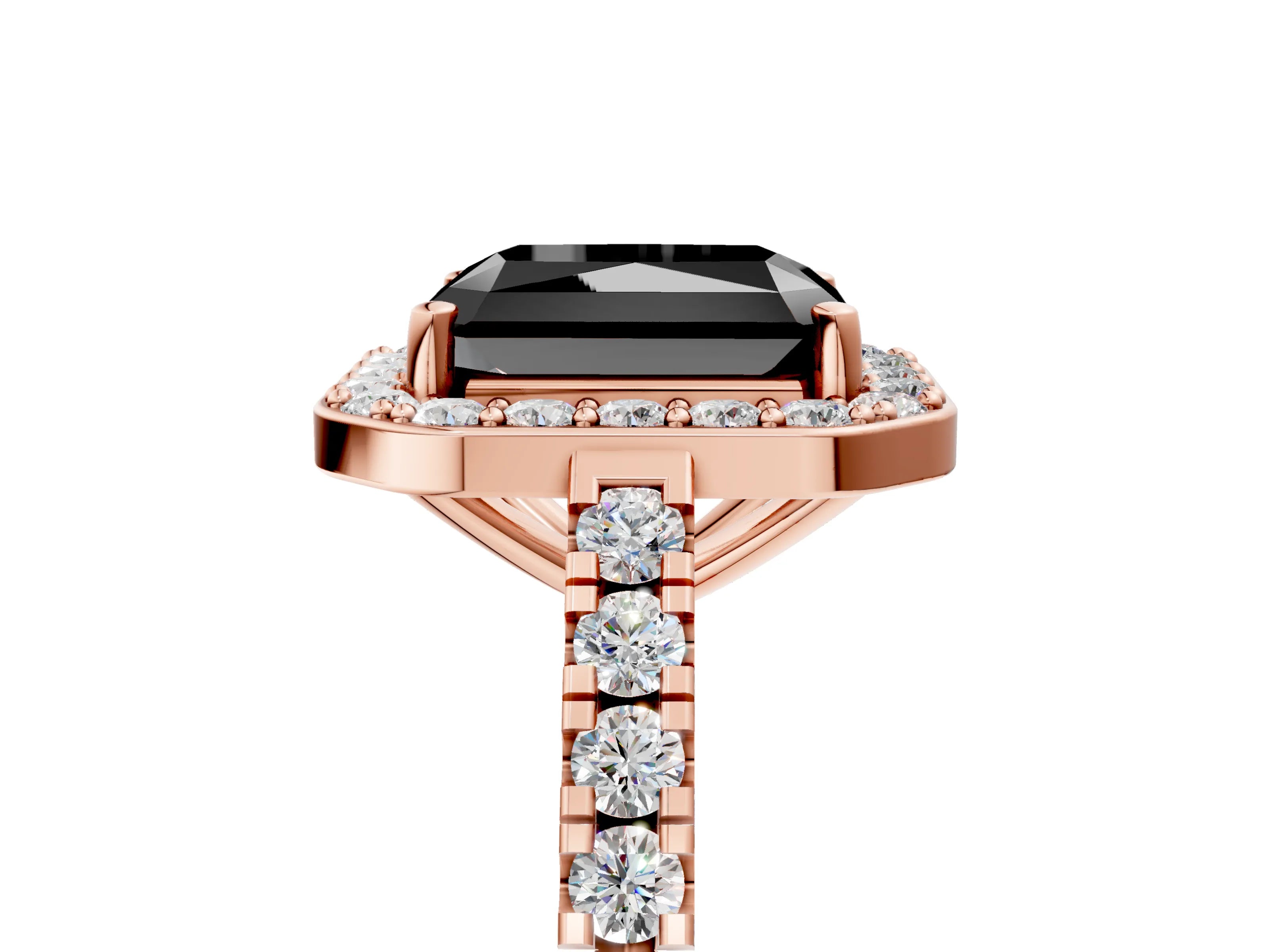 Rose gold Fancy Black Radiant Cut Halo Diamond Ring with Pavé Band and Three-Prong Setting_5