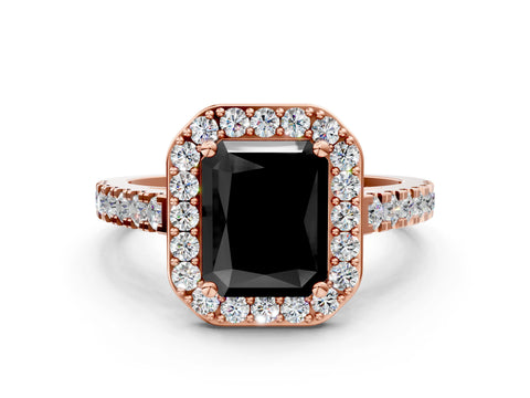 Rose gold Fancy Black Radiant Cut Halo Diamond Ring with Pavé Band and Three-Prong Setting
