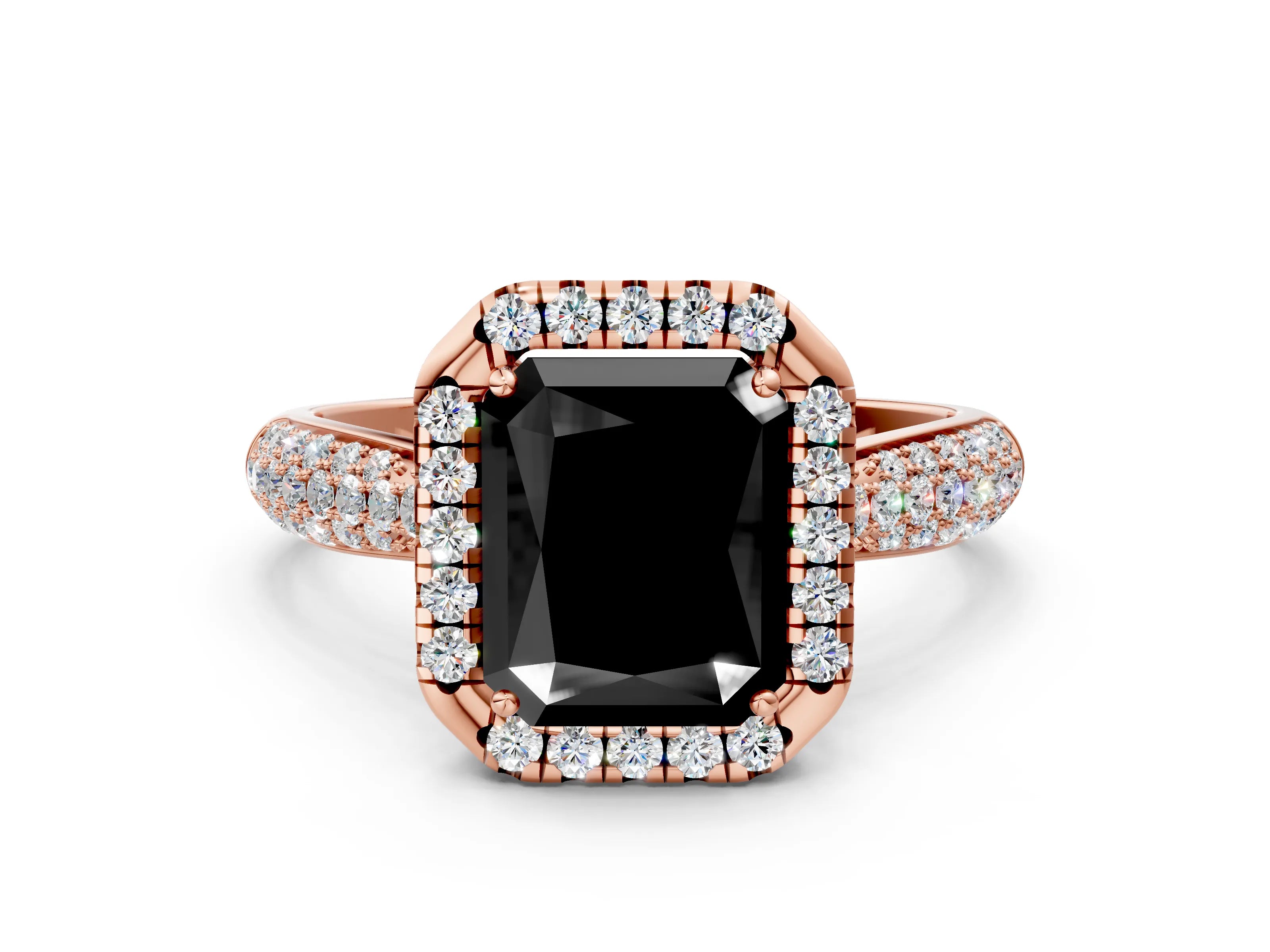 Rose gold Fancy Black Radiant Cut Halo Diamond Ring with Pavé Band