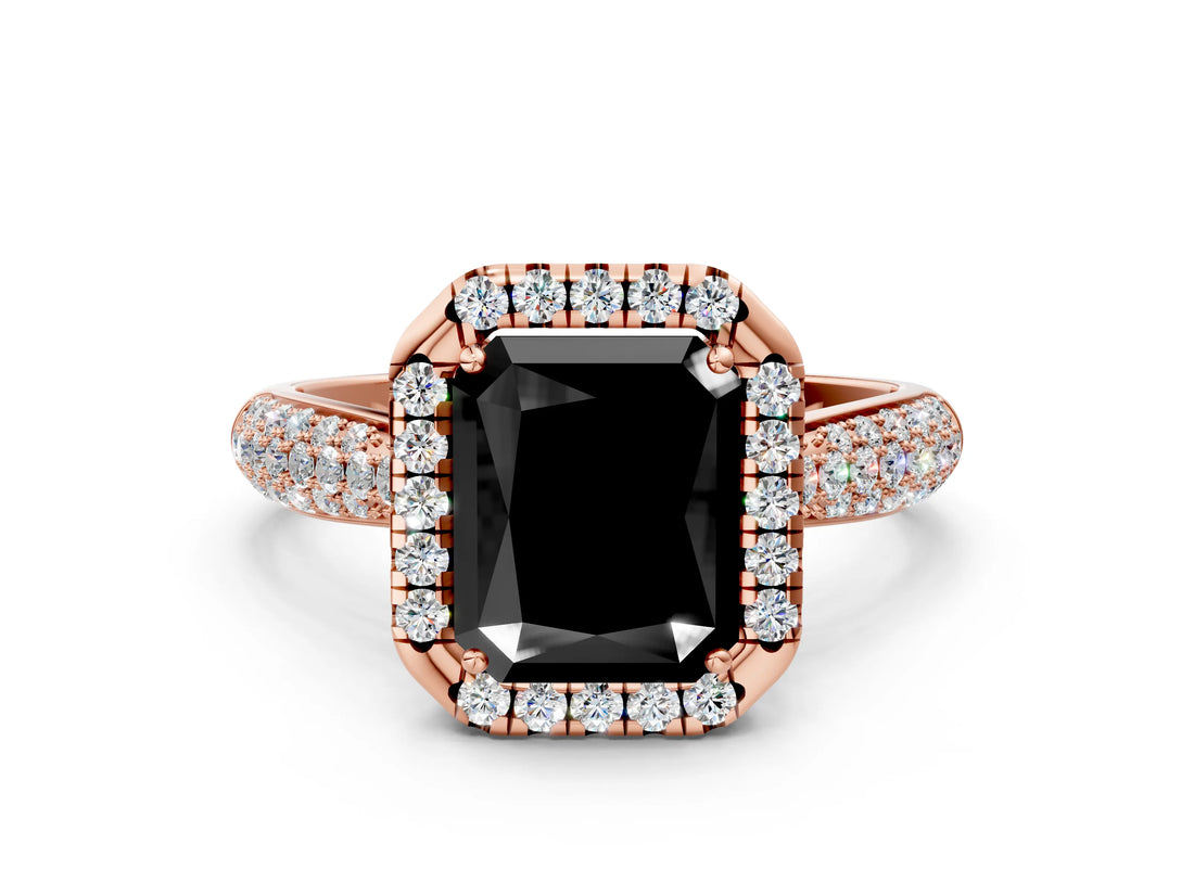 Rose gold Fancy Black Radiant Cut Halo Diamond Ring with Pavé Band