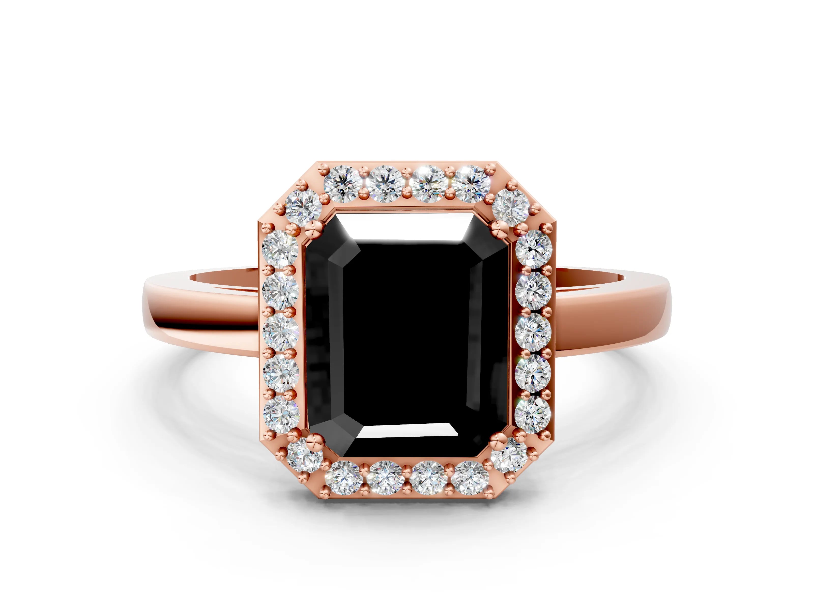 Rose gold Fancy Black Radiant Cut Halo Diamond Ring with Solitaire Band and Prong Setting