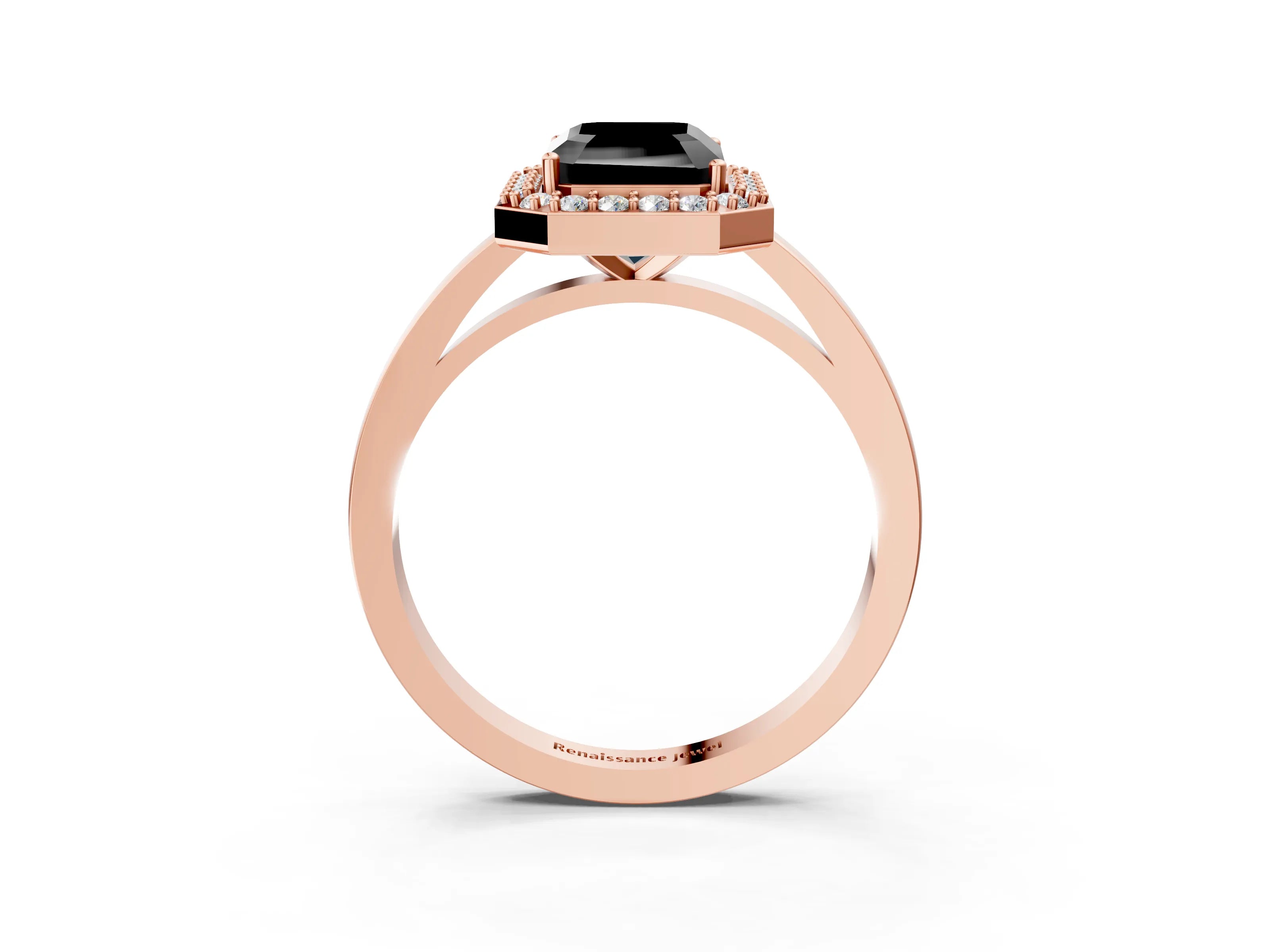 Rose gold Fancy Black Radiant Cut Halo Diamond Ring with Solitaire Band and Prong Setting_3