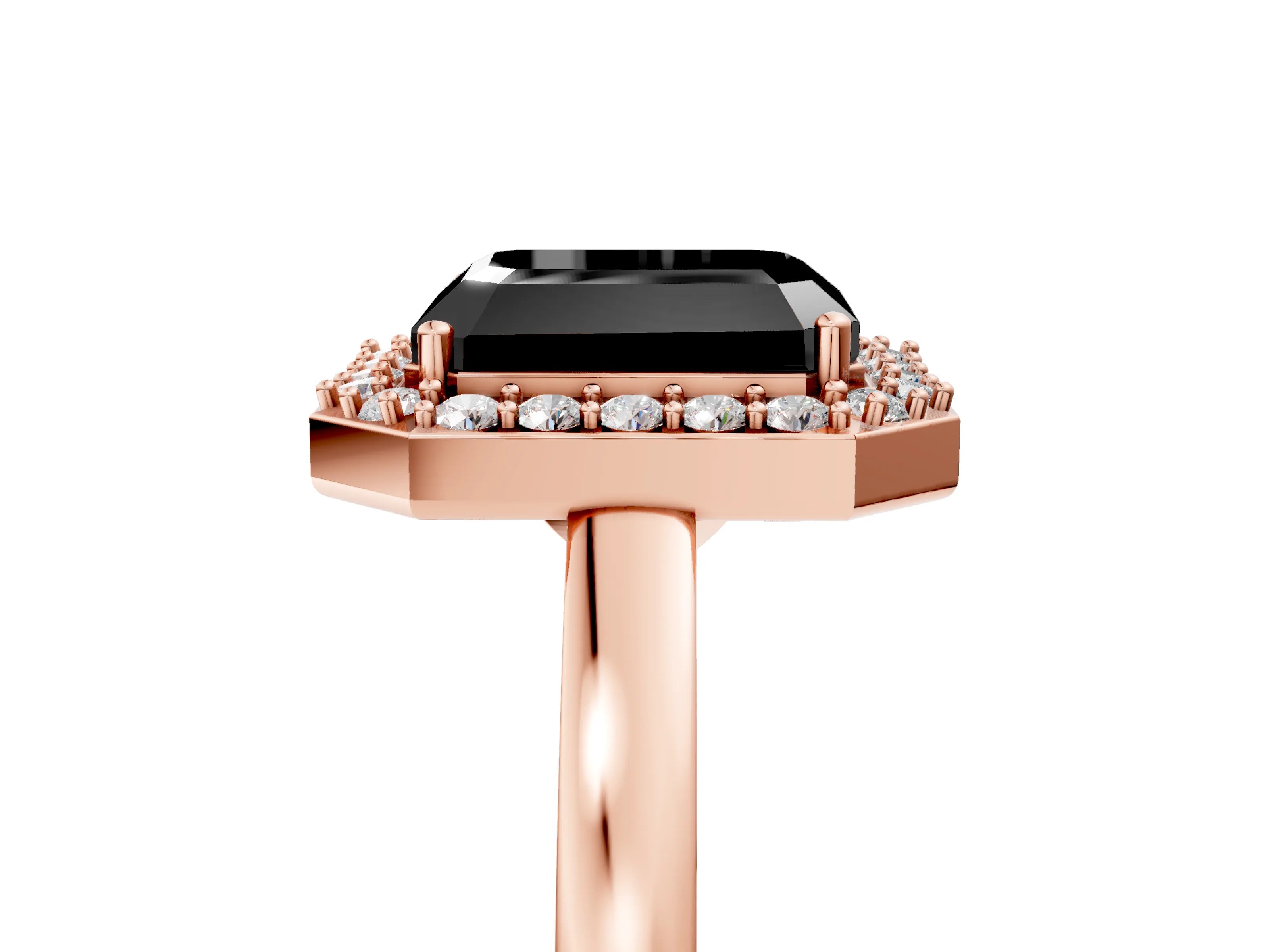 Rose gold Fancy Black Radiant Cut Halo Diamond Ring with Solitaire Band and Prong Setting_5