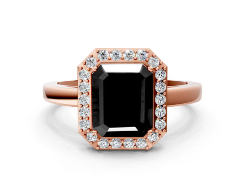 Rose gold Fancy Black Radiant Cut Halo Diamond Ring with Solitaire Band and Prong Setting
