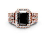 Rose gold Fancy Black Radiant Cut Halo Diamond Ring with Split Shank and Four-Prong Setting
