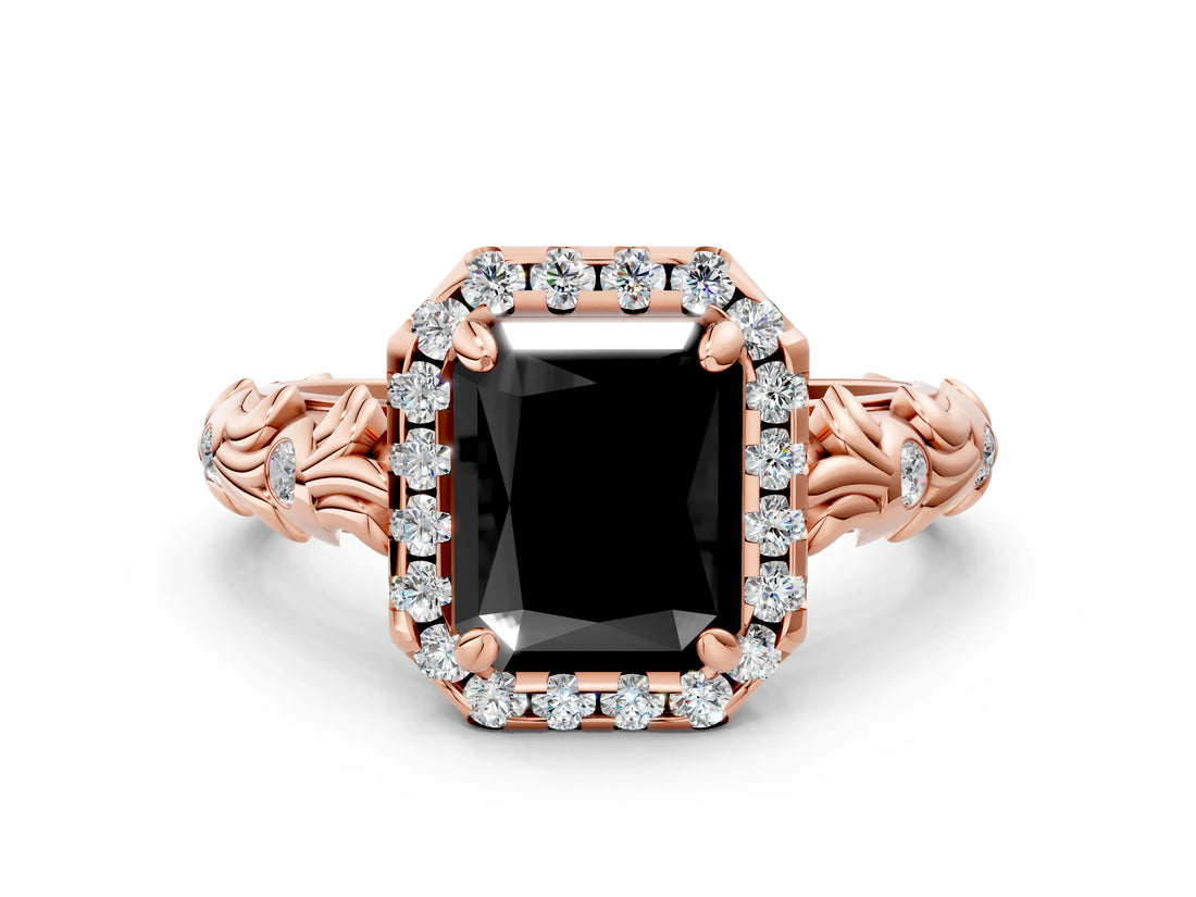 Rose gold Fancy Black Radiant Cut Halo Diamond Solitaire with Filigree Band and Four-Prong Setting