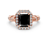 Rose gold Fancy Black Radiant Cut Halo Diamond Solitaire with Filigree Band and Four-Prong Setting