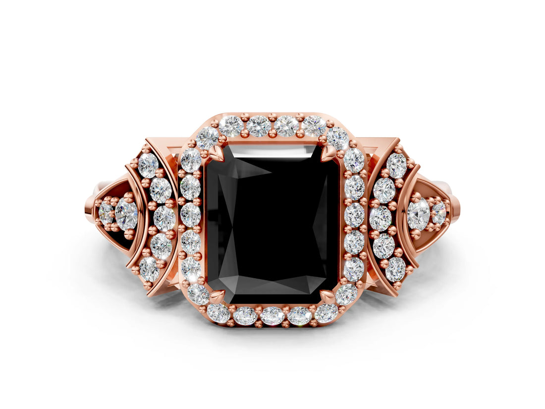 Rose gold Fancy Black Radiant Cut Halo Diamond Split Shank Engagement Ring with Four-Prong Setting