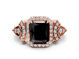Rose gold Fancy Black Radiant Cut Halo Diamond Split Shank Engagement Ring with Four-Prong Setting