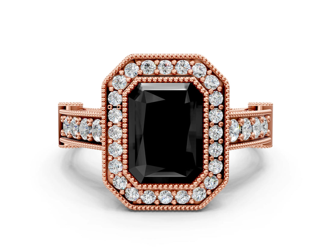 Rose gold Fancy Black Radiant Cut Halo Diamond Split Shank Pave Ring_12