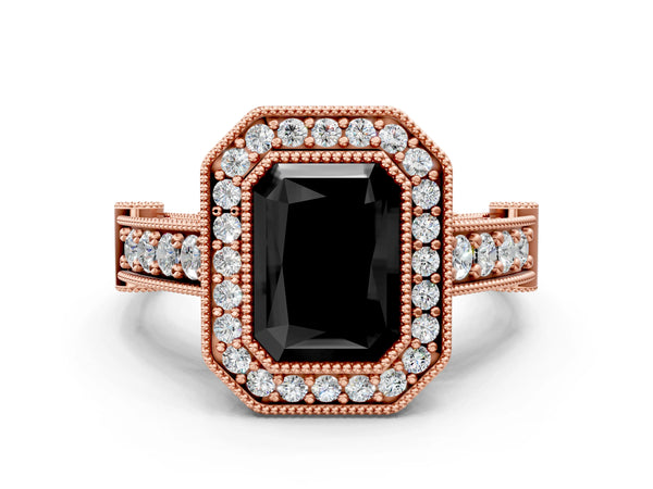 Rose Gold Radiant Cut Vintage Bezel Halo Engagement Ring Setting for Black Center