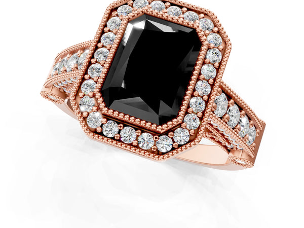 Rose Gold Radiant Cut Vintage Bezel Halo Engagement Ring Setting for Black Center