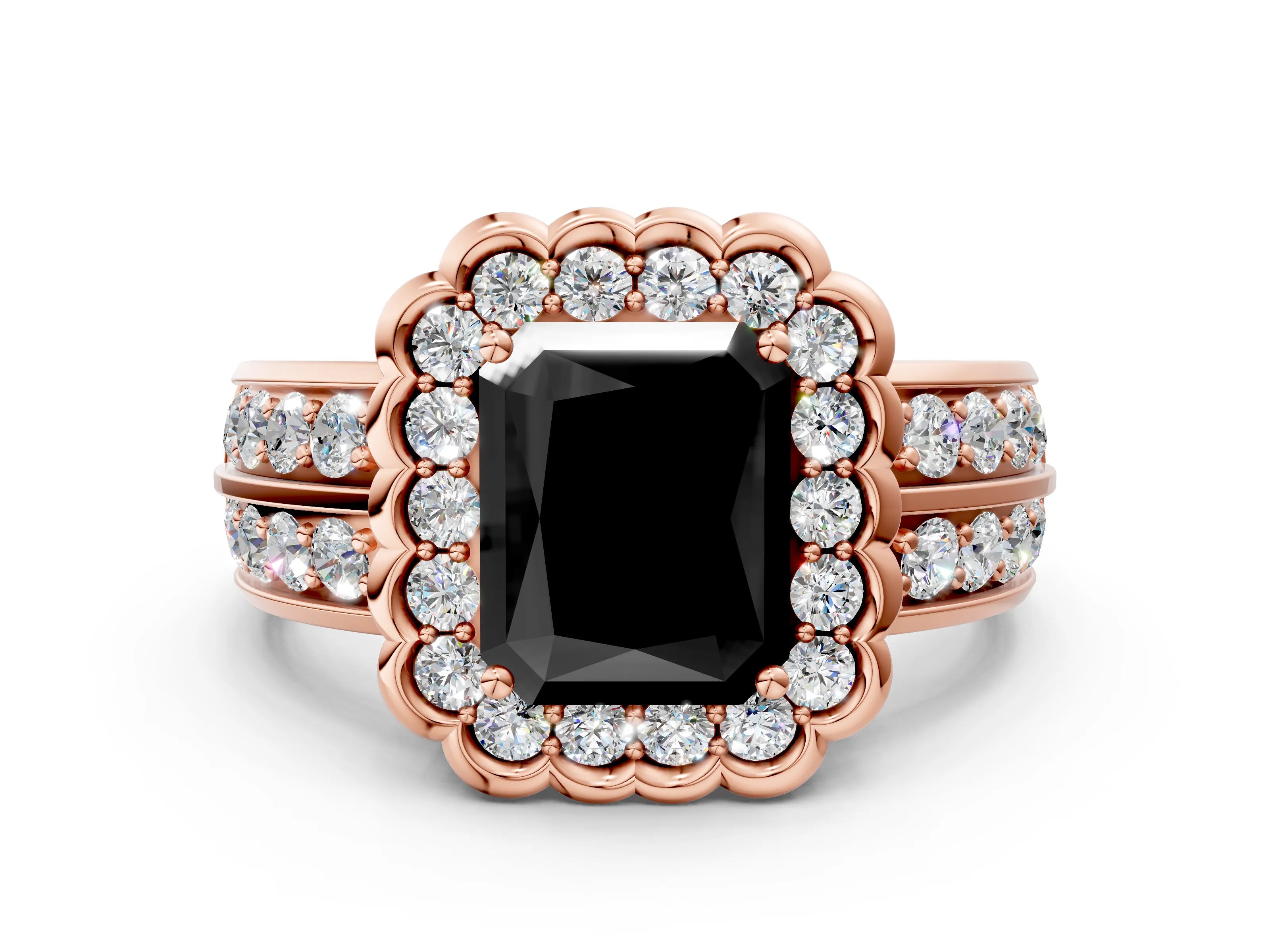 Rose gold Fancy Black Radiant Cut Halo Diamond Split Shank Ring with Scalloped Prong Setting