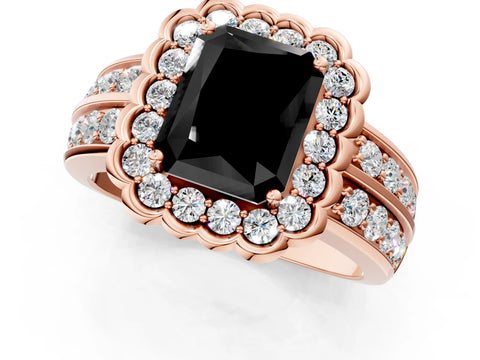 Rose gold Fancy Black Radiant Cut Halo Diamond Split Shank Ring with Scalloped Prong Setting_1