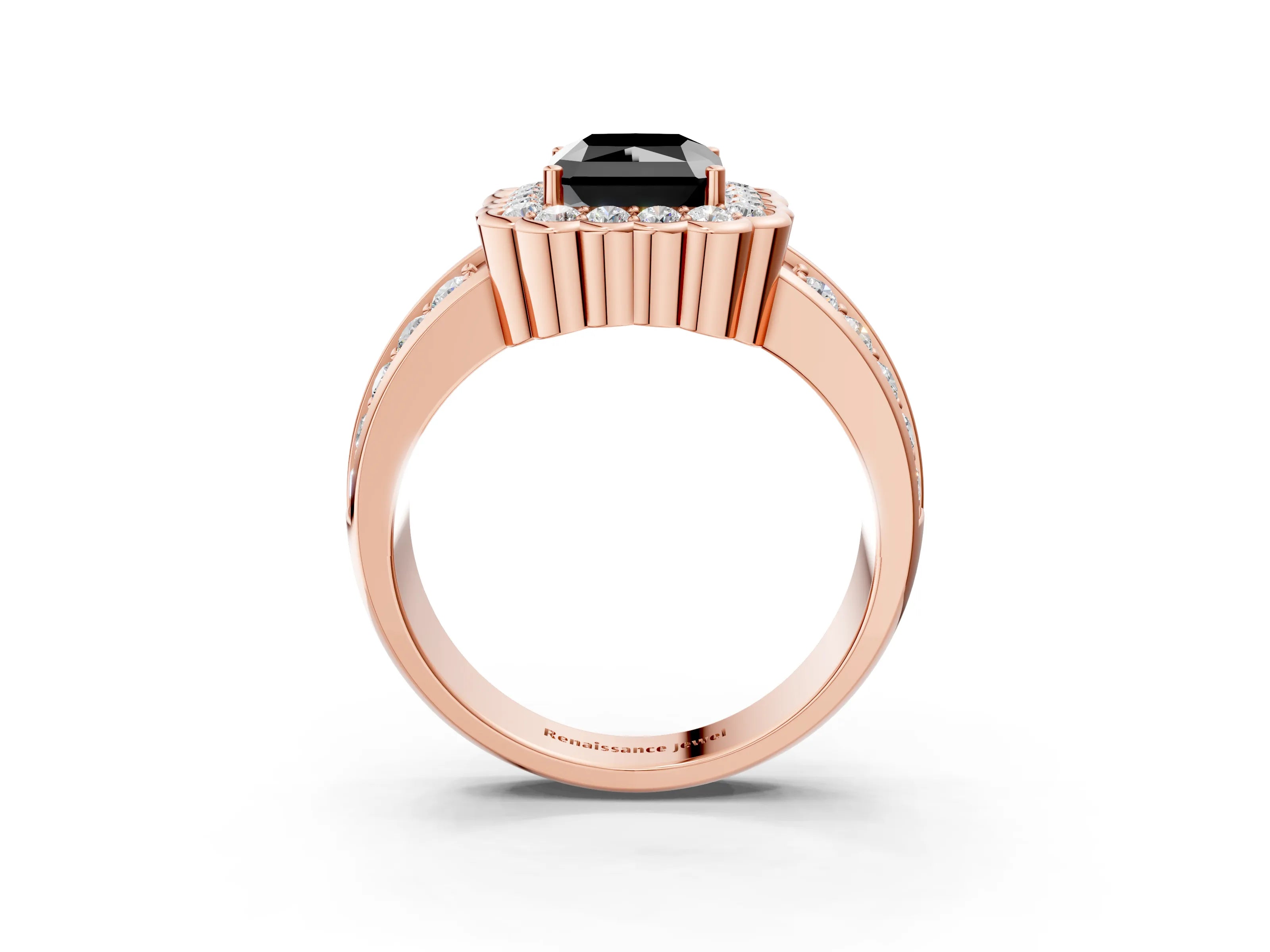 Rose gold Fancy Black Radiant Cut Halo Diamond Split Shank Ring with Scalloped Prong Setting_3