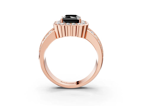 Rose gold Fancy Black Radiant Cut Halo Diamond Split Shank Ring with Scalloped Prong Setting_3