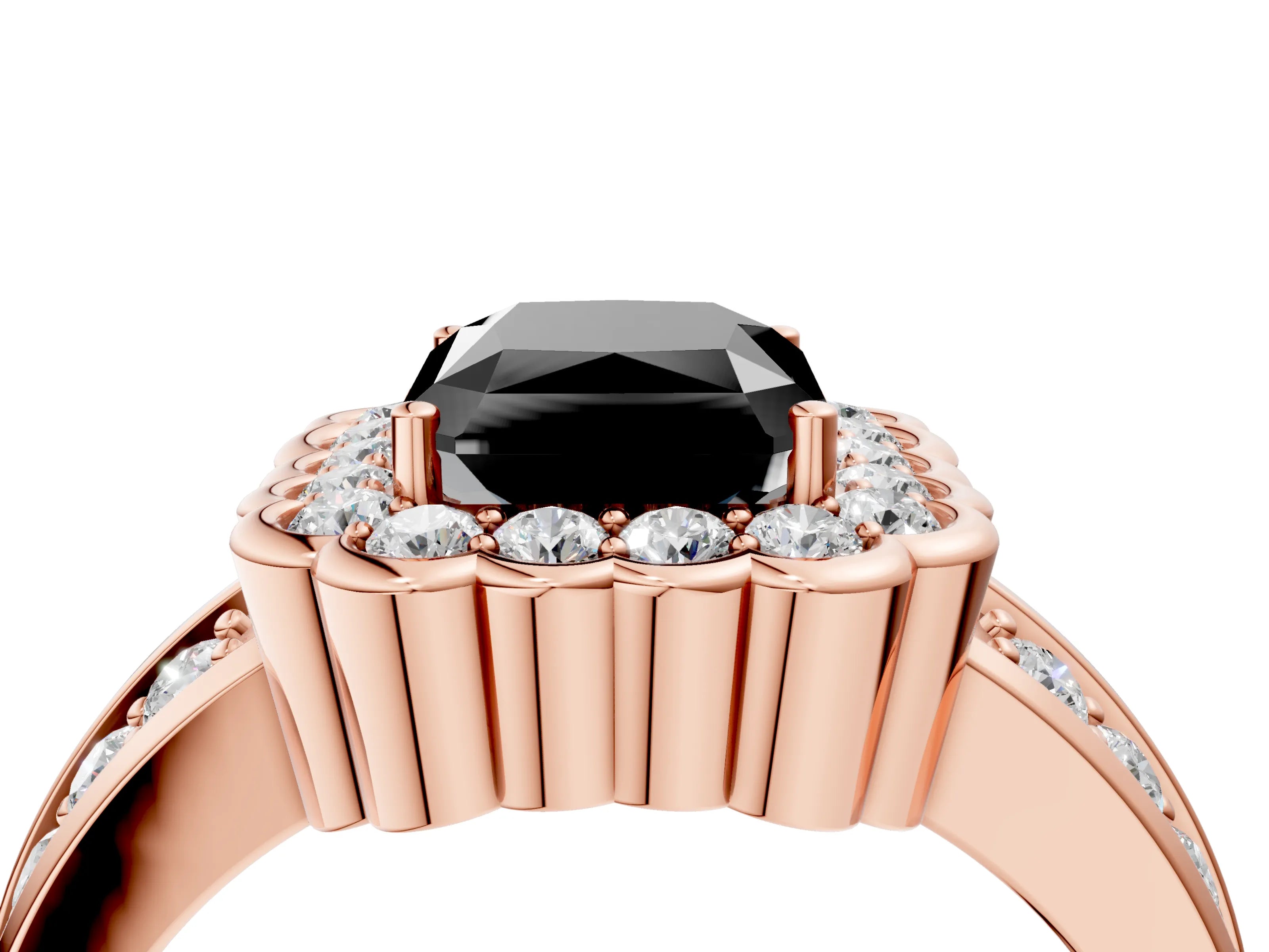 Rose gold Fancy Black Radiant Cut Halo Diamond Split Shank Ring with Scalloped Prong Setting_4
