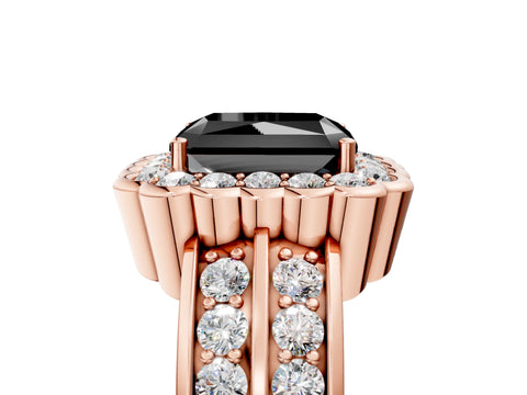 Rose gold Fancy Black Radiant Cut Halo Diamond Split Shank Ring with Scalloped Prong Setting_5