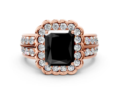 Rose gold Fancy Black Radiant Cut Halo Diamond Split Shank Ring with Scalloped Prong Setting