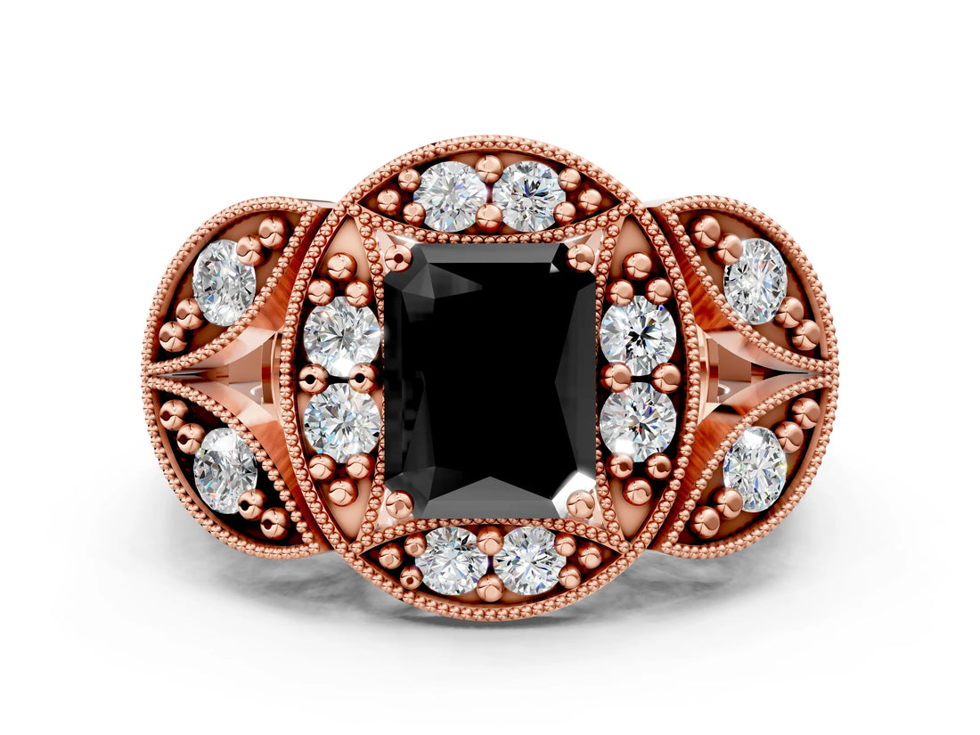 Rose gold Fancy Black Radiant Cut Halo Milgrain Diamond Engagement Ring with Leaf Band and Four-Prong Setting