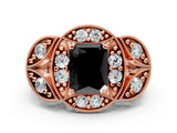 Rose gold Fancy Black Radiant Cut Halo Milgrain Diamond Engagement Ring with Leaf Band and Four-Prong Setting