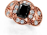 Rose gold Fancy Black Radiant Cut Halo Milgrain Diamond Engagement Ring with Leaf Band and Four-Prong Setting_1