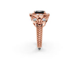 Rose gold Fancy Black Radiant Cut Halo Milgrain Diamond Engagement Ring with Leaf Band and Four-Prong Setting_2
