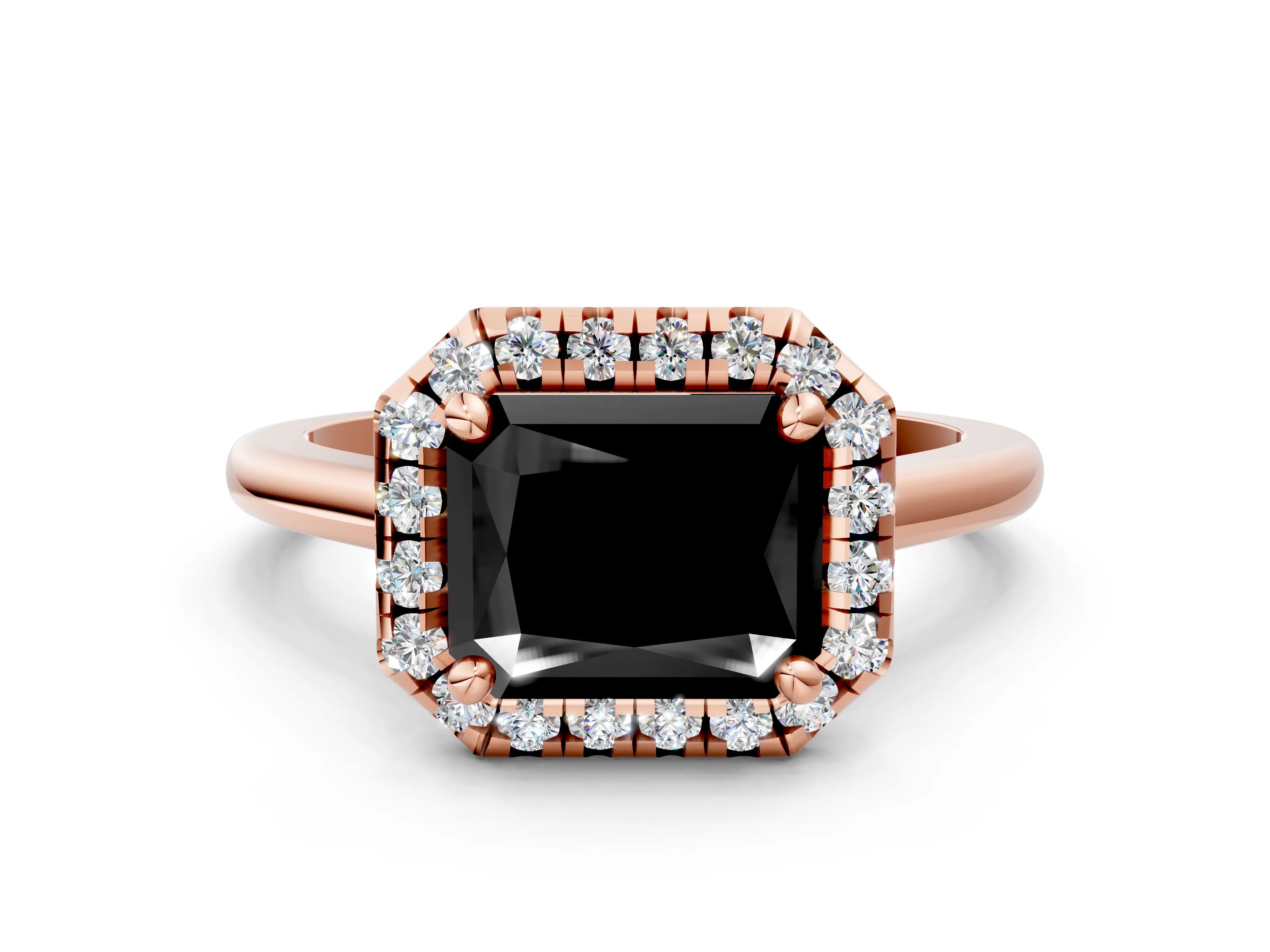 Rose gold Fancy Black Radiant Cut Halo Round Diamond Solitaire Engagement Ring with Pave Band and Four-Prong Setting_12