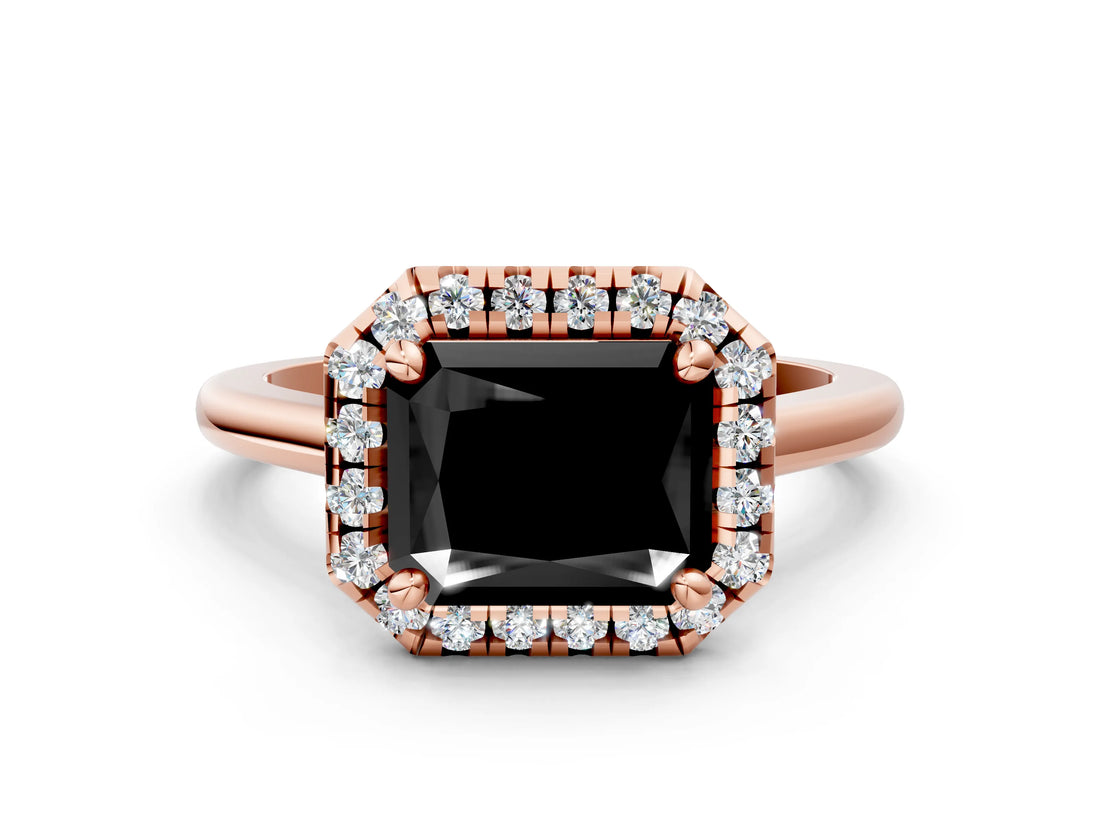 Rose gold Fancy Black Radiant Cut Halo Round Diamond Solitaire Engagement Ring with Pave Band and Four-Prong Setting_12
