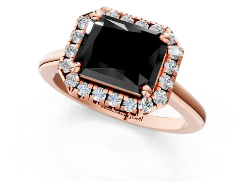 Rose gold Fancy Black Radiant Cut Halo Round Diamond Solitaire Engagement Ring with Pave Band and Four-Prong Setting_13