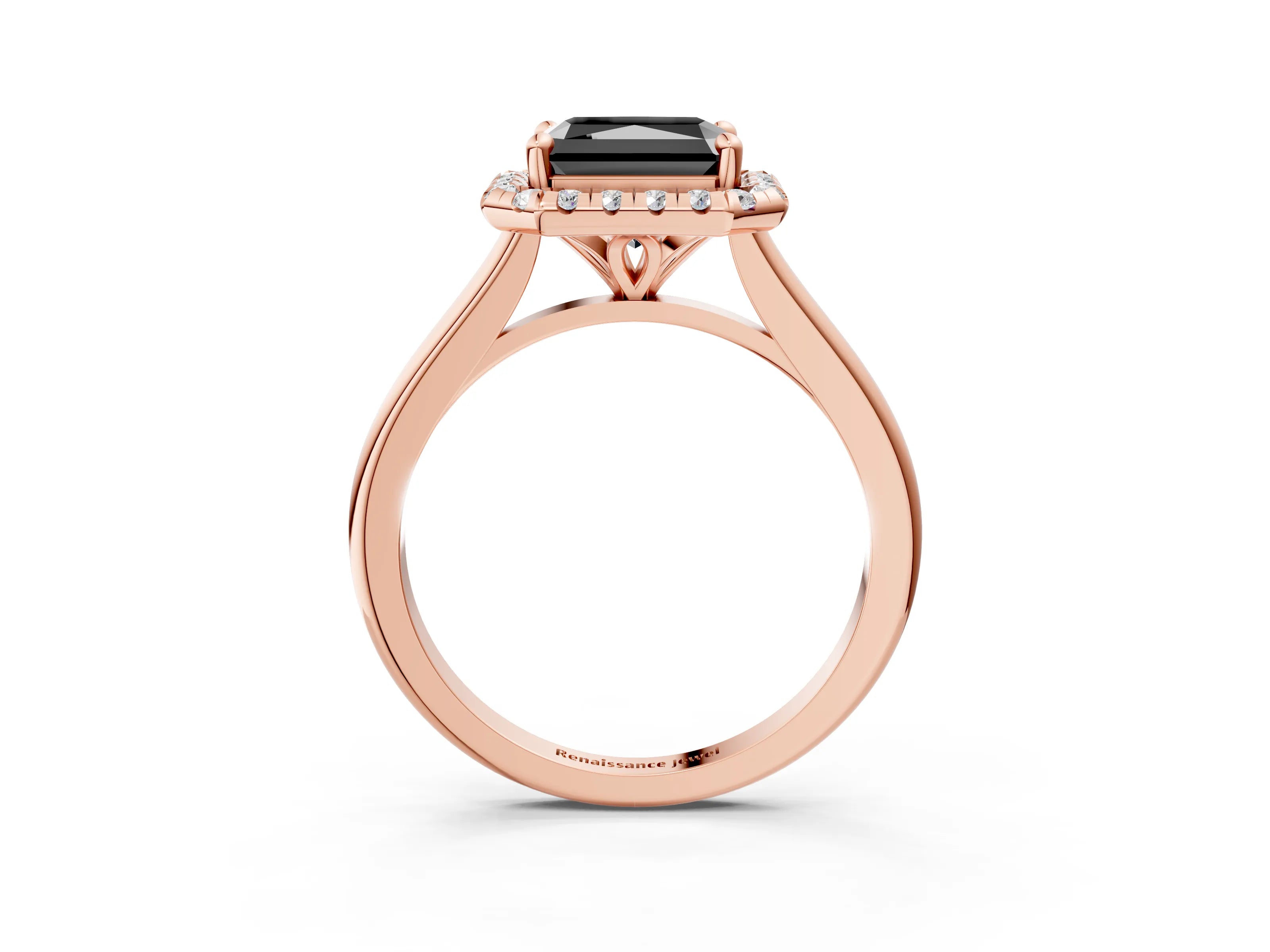Rose gold Fancy Black Radiant Cut Halo Round Diamond Solitaire Engagement Ring with Pave Band and Four-Prong Setting_15