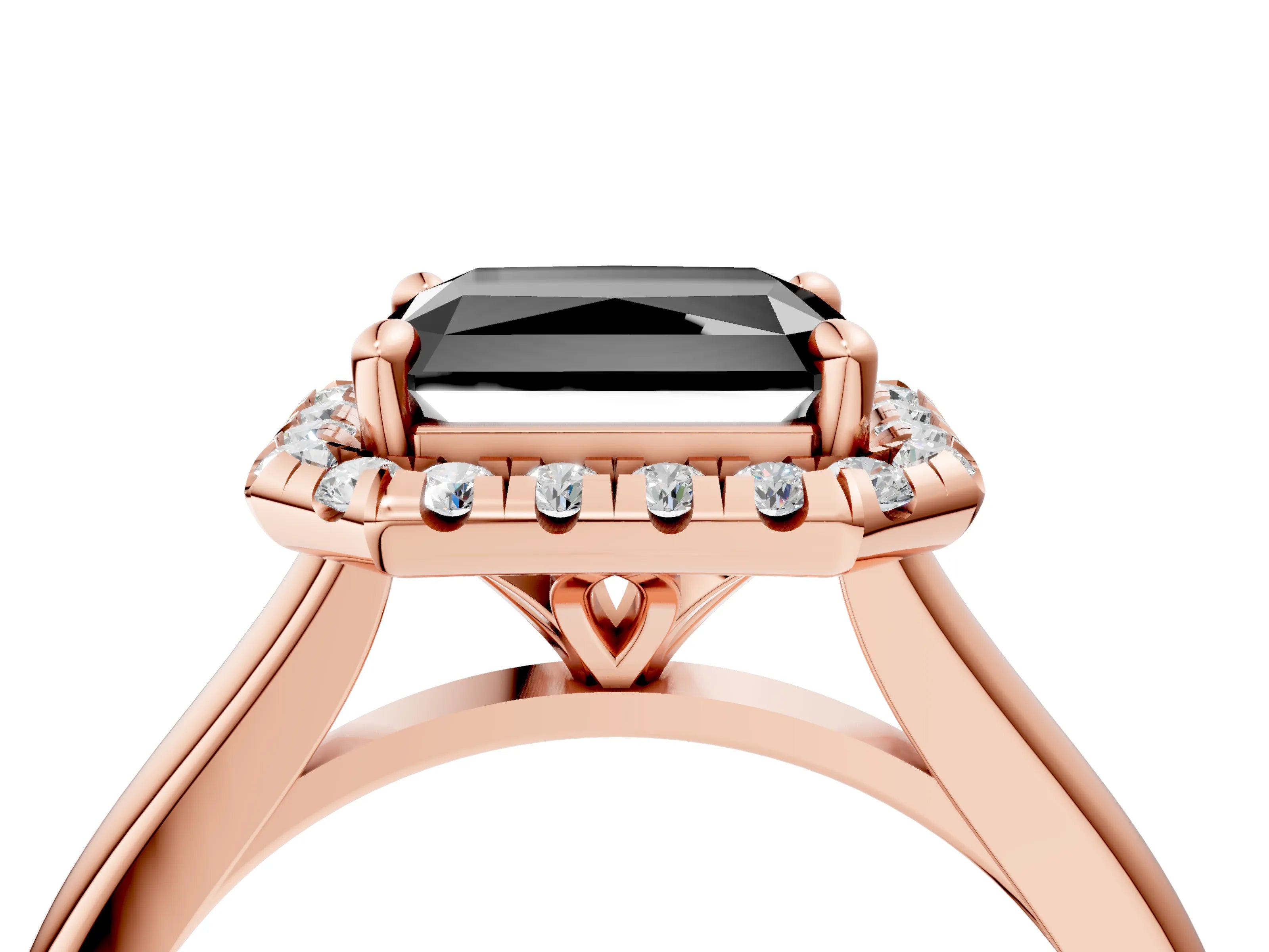 Rose gold Fancy Black Radiant Cut Halo Round Diamond Solitaire Engagement Ring with Pave Band and Four-Prong Setting_16