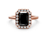 Rose gold Fancy Black Radiant Cut Halo Round Diamond Solitaire Ring with Pavé Band and Four-Prong Setting