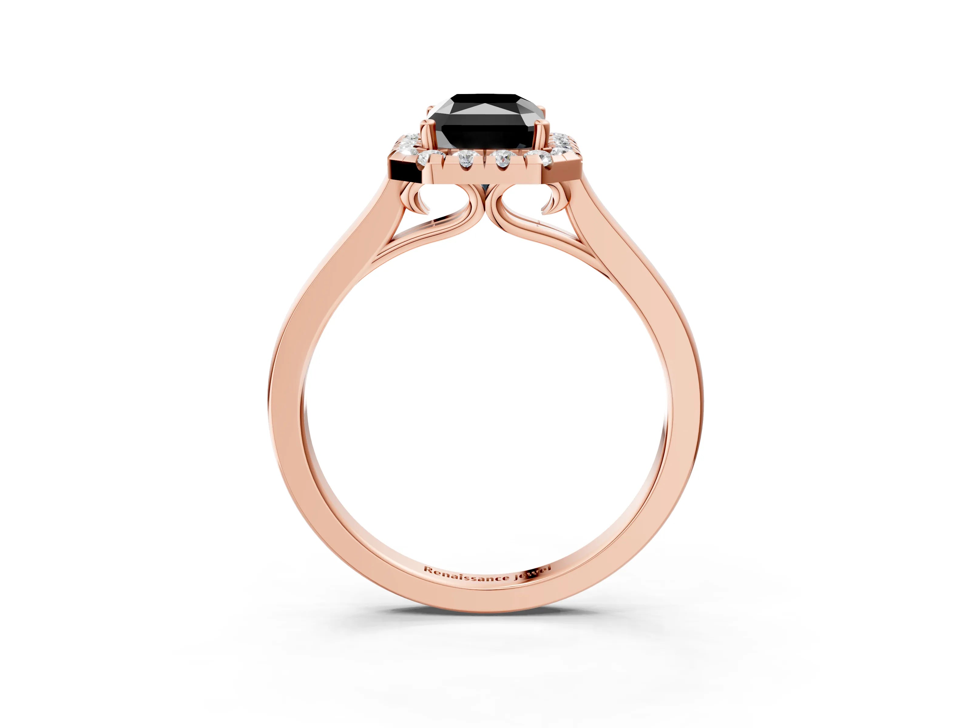 Rose gold Fancy Black Radiant Cut Halo Round Diamond Solitaire Ring with Pavé Band and Four-Prong Setting_3