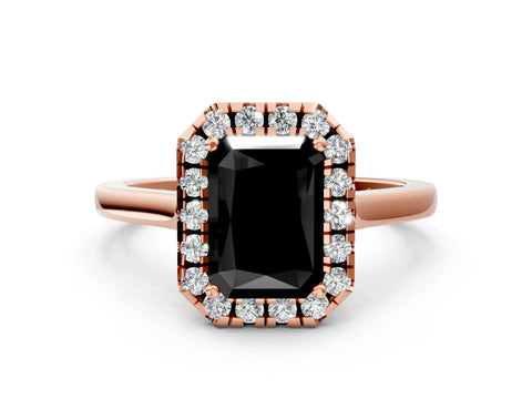 Rose gold Fancy Black Radiant Cut Halo Round Diamond Solitaire Ring with Pavé Band and Four-Prong Setting