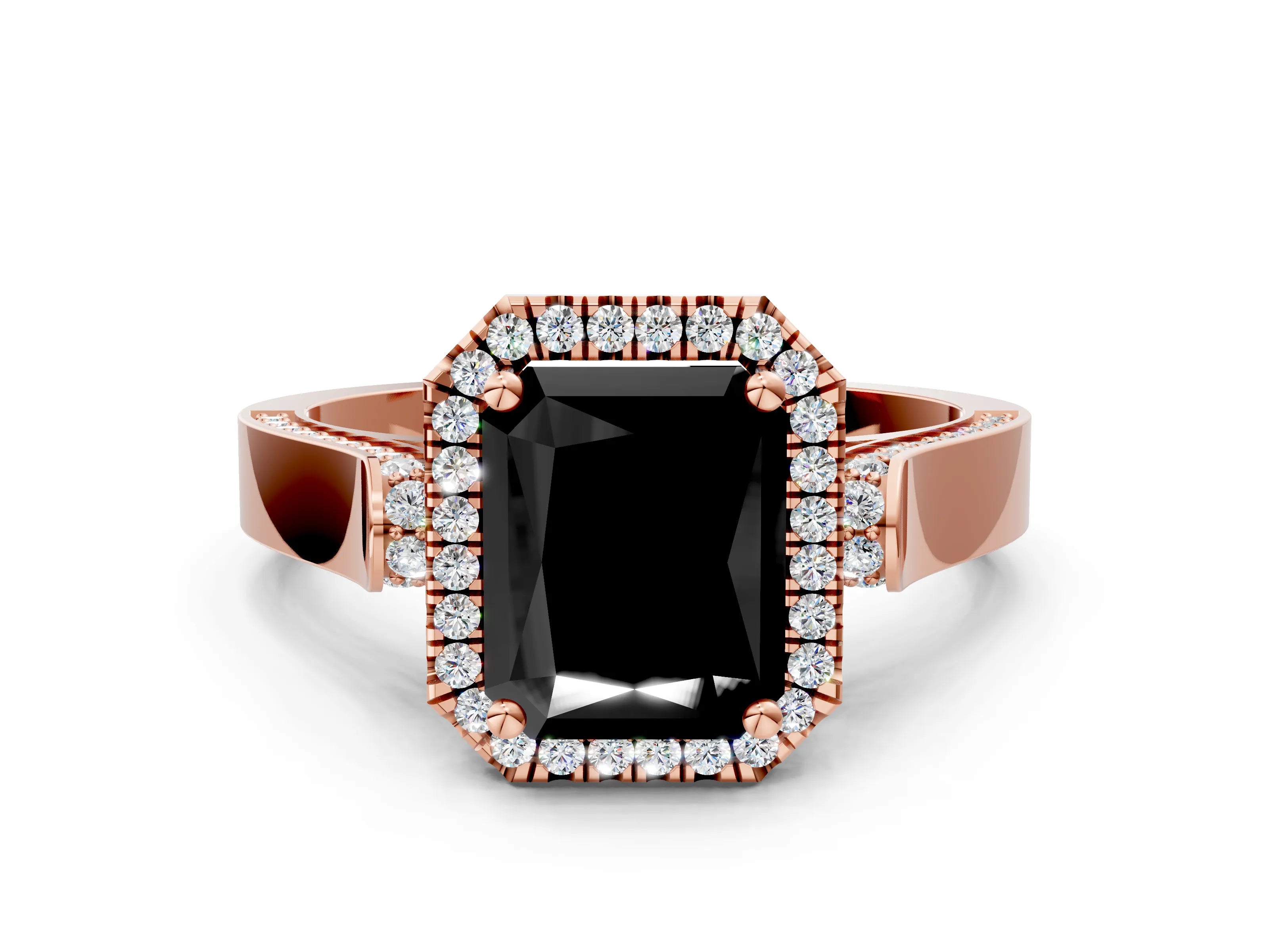 Rose gold Fancy Black Radiant Cut Halo Round Diamond Twist Band with Four-Prong Setting