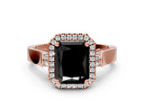 Rose gold Fancy Black Radiant Cut Halo Round Diamond Twist Band with Four-Prong Setting