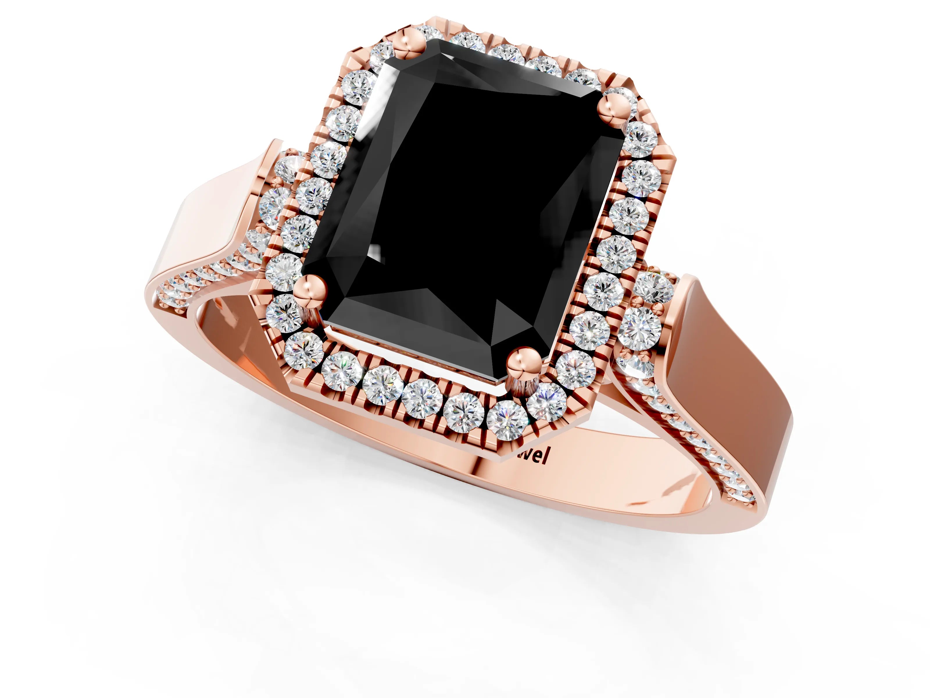 Rose gold Fancy Black Radiant Cut Halo Round Diamond Twist Band with Four-Prong Setting_1