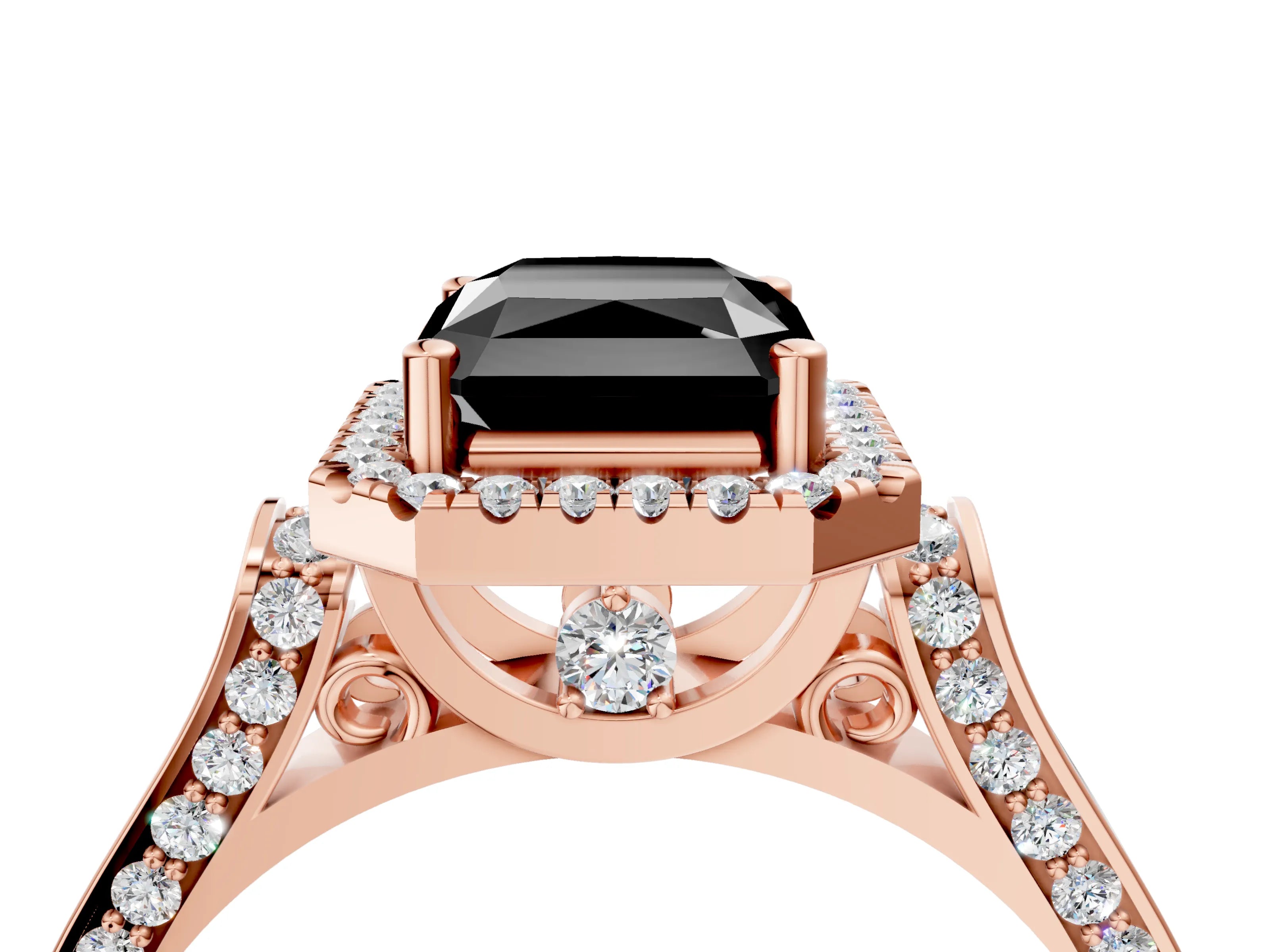 Rose gold Fancy Black Radiant Cut Halo Round Diamond Twist Band with Four-Prong Setting_4