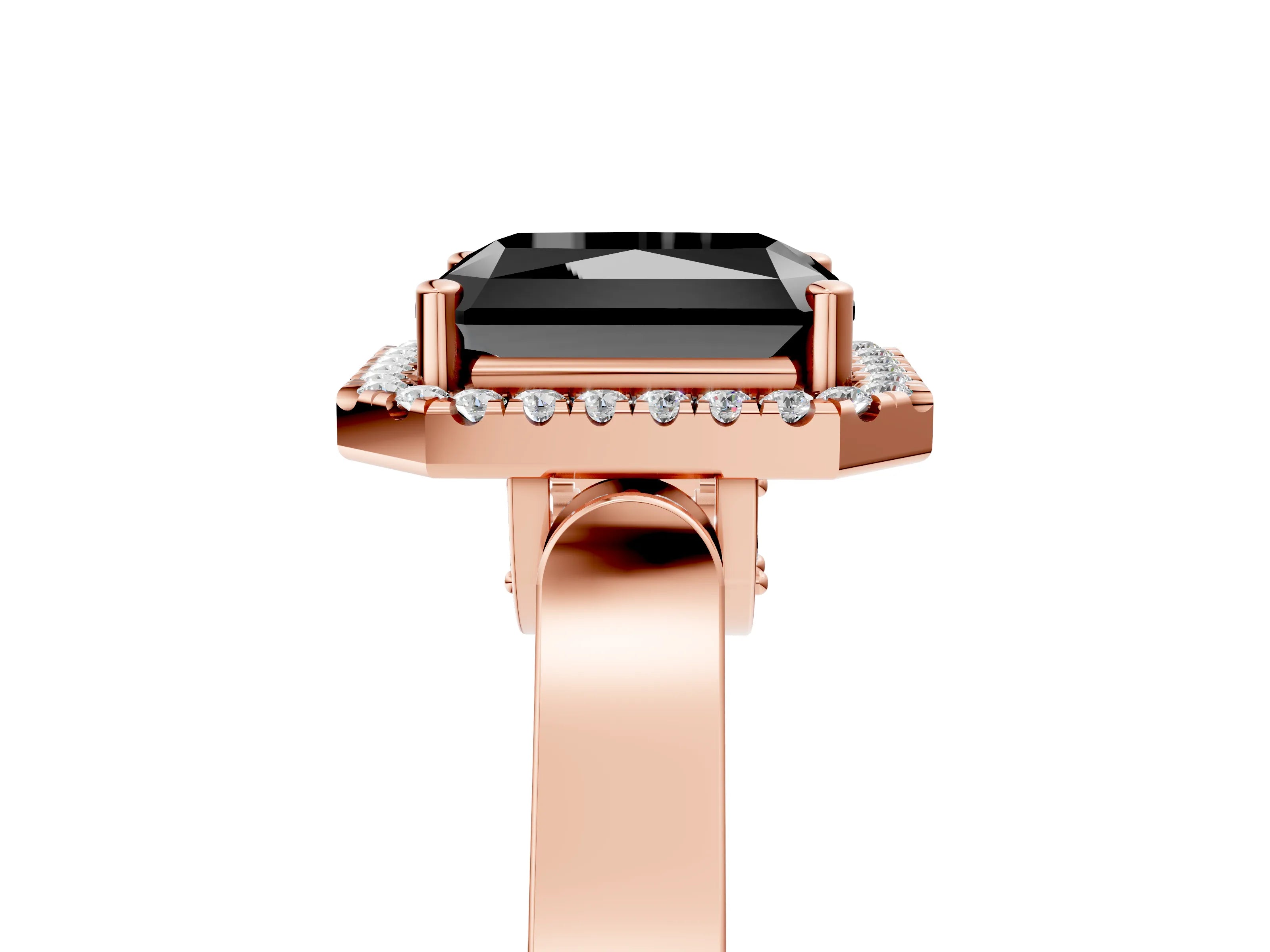 Rose gold Fancy Black Radiant Cut Halo Round Diamond Twist Band with Four-Prong Setting_5