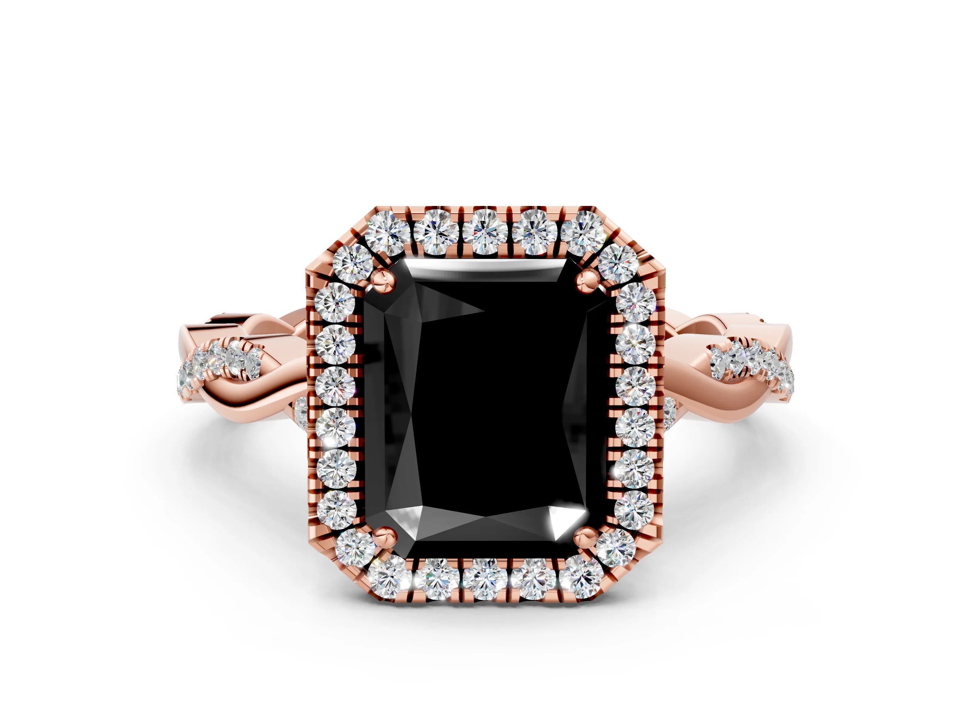 Rose gold Fancy Black Radiant Cut Halo Twist Band with Four-Prong Setting