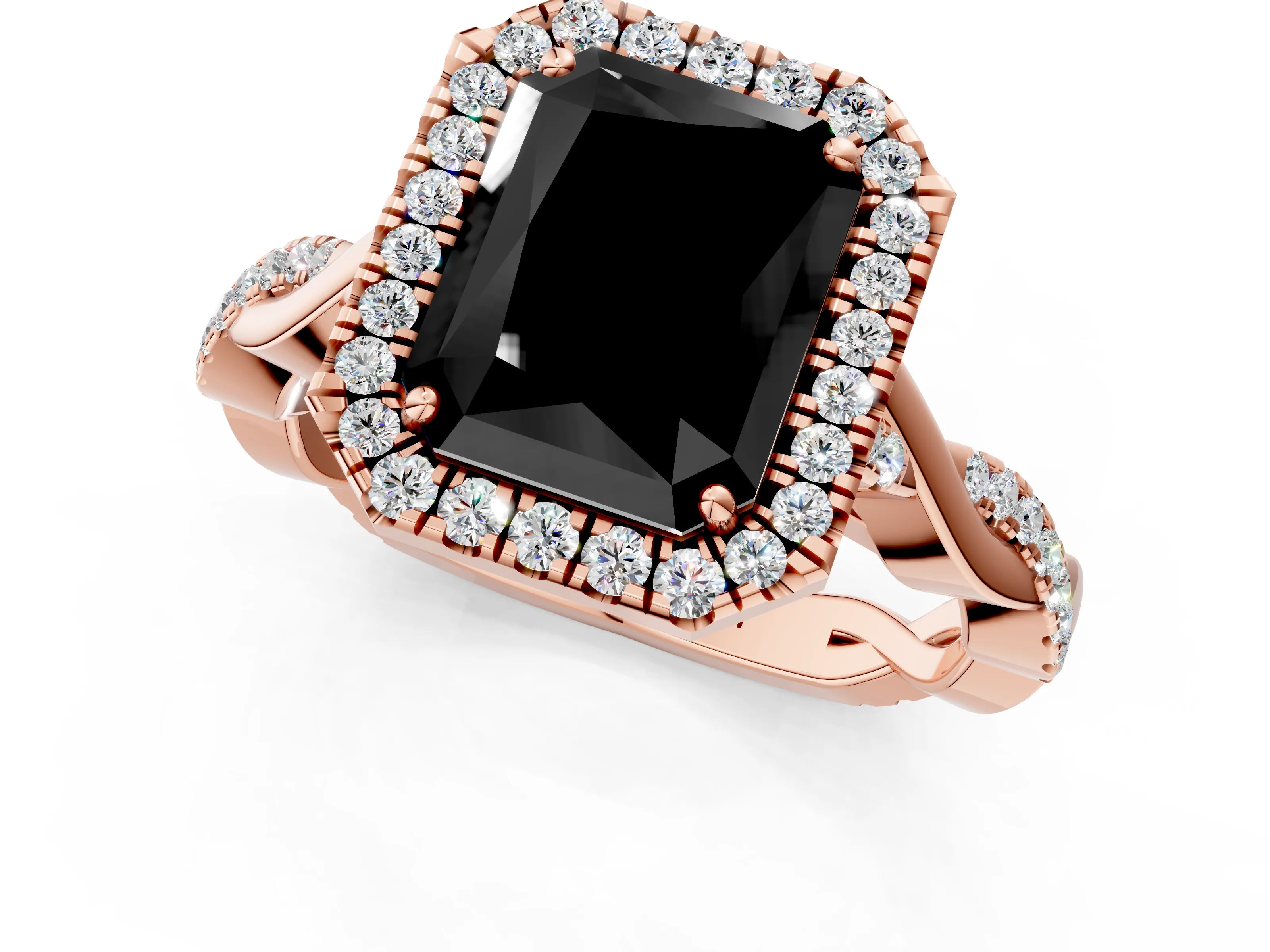 Rose gold Fancy Black Radiant Cut Halo Twist Band with Four-Prong Setting_1