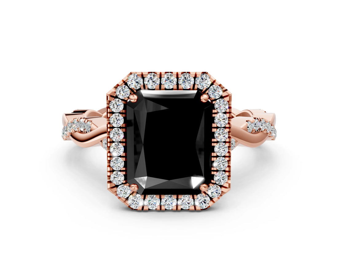Rose gold Fancy Black Radiant Cut Halo Twist Band with Four-Prong Setting_12